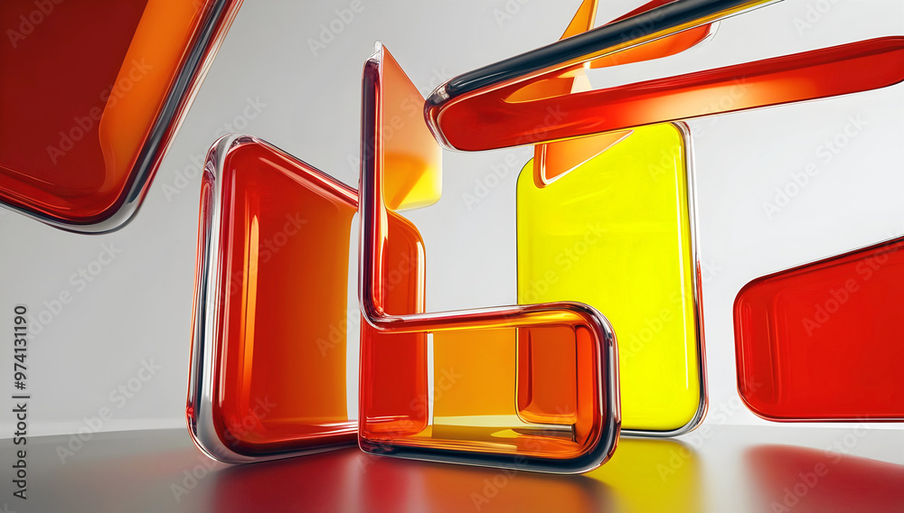 Abstract elegant background, artistic shapes made of glass, red, yellow orange template, modern shiny wallpaper, copy space area