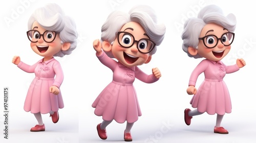 Charming 3d cartoon of joyful elderly woman dancing and celebrating on a white background