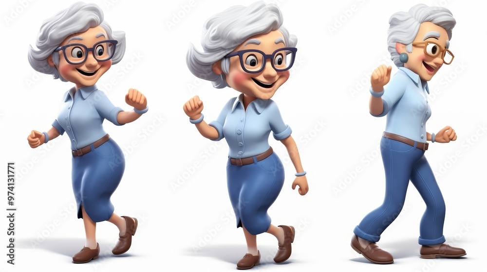 Charming 3d cartoon elderly woman joyfully dancing and celebrating on a white background Charming 3d cartoon elderly woman joyfully dancing and celebrating on a white background