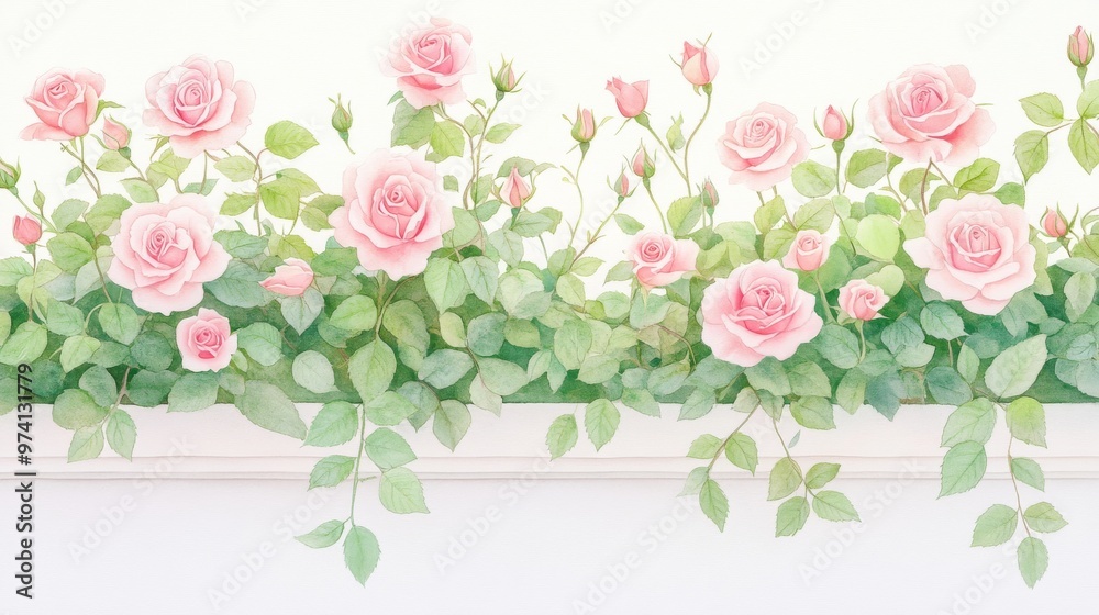 A delicate watercolor design featuring soft pink roses with lush green leaves, perfect for floral-themed projects.