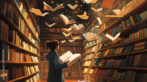 A serene moment in a library with flying books, capturing the magic of reading and imagination in a literary wonderland.