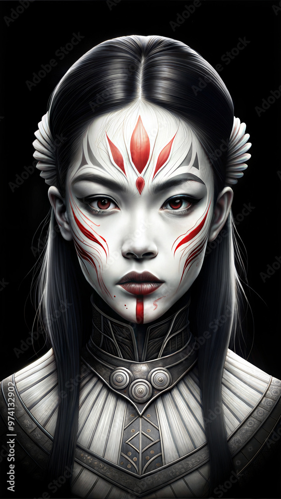 Striking Woman with Red Face Markings in Traditional Costume, Intense Gaze Against Abstract Background Striking Woman with Red Face Markings in Traditional Costume, Intense Gaze Against Abstract Background