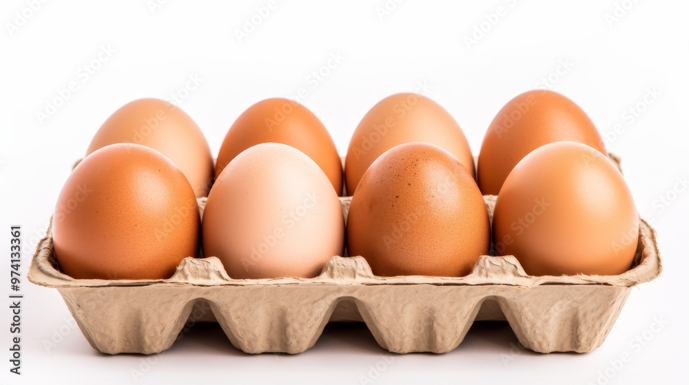 Fresh organic chicken eggs in an open carton box ten brown eggs on a clean white background Fresh organic chicken eggs in an open carton box ten brown eggs on a clean white background