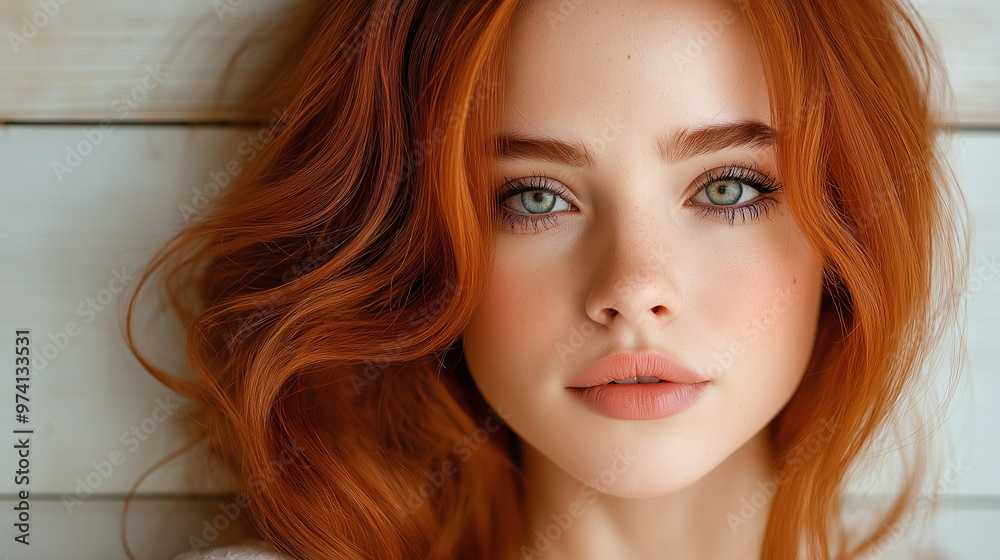 Close-up portrait of a gorgeous young woman with long red hair and captivating green eyes against a light wooden background copy space