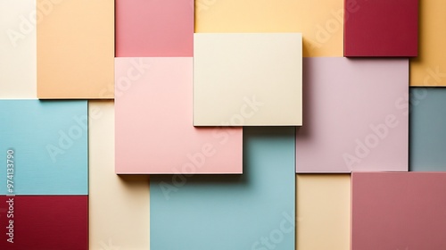 A minimalist abstract style is showcased through muted color blocks arranged asymmetrically, forming a unique block pattern photo