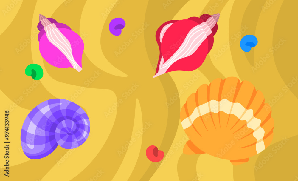 Naklejka premium Sea snails on the sand. Seascape. Flat style. Vector illustration