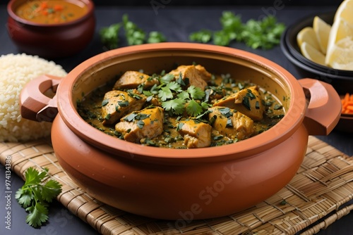 Traditional Indian curry chicken as close-up in a Korai
 photo