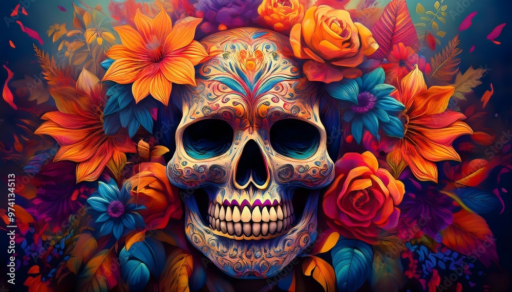 Sugar Skulls and Marigolds on Day of the Dead Altar Sugar Skulls and Marigolds on Day of the Dead Altar