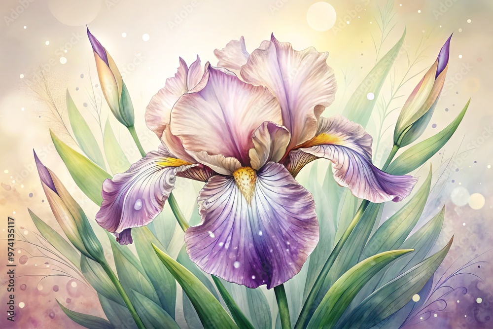 Fototapeta premium Delicate, hand-drawn illustration of an iris flower with intricate petals and leaves, showcasing subtle shading and
