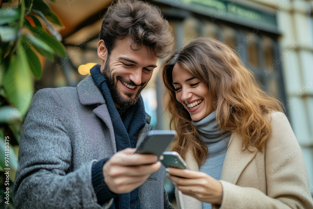 Businessperson using mobile phone in the city. Traveler couple searching travel information on phone