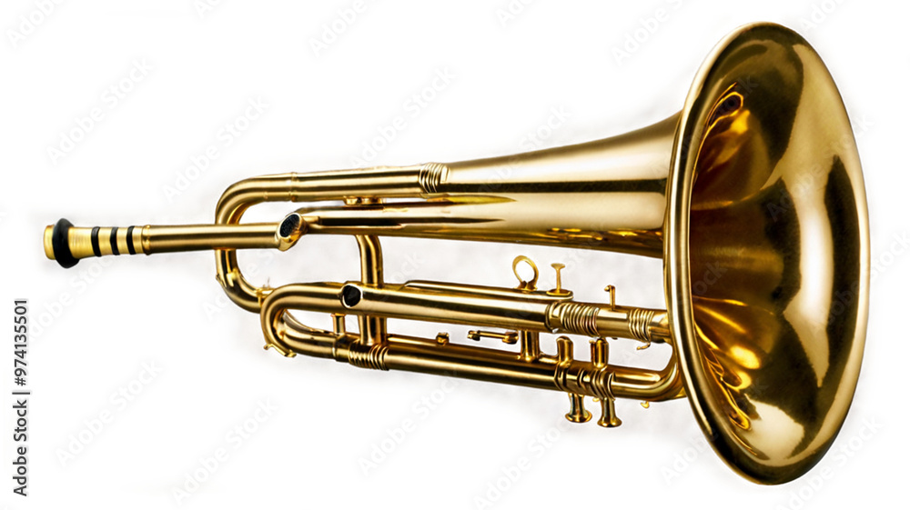 Obraz premium Imposing trumpet on a white backdrop, showcasing its bold, lustrous shine and timeless craftsmanship with clean, understated grace.