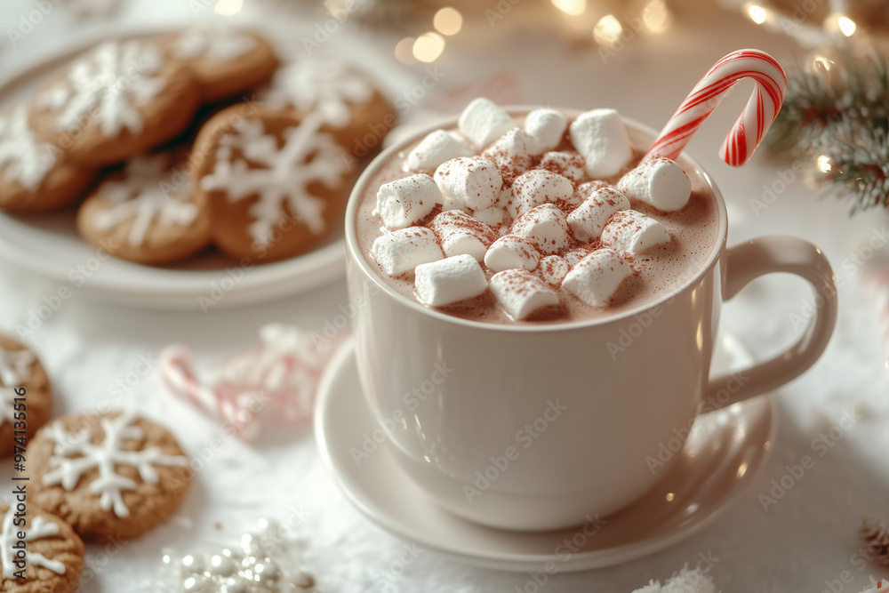 Hot chocolate with marshmallows, cookies, and candy cane Hot chocolate with marshmallows, cookies, and candy cane