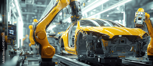 A yellow car is being built in a factory. The robots are working together to create the car. The car is in the middle of the assembly line