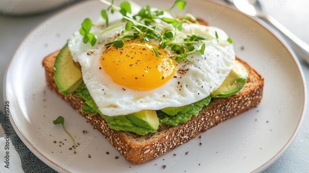 Delicious avocado toast topped with a perfectly fried egg and fresh microgreens, ideal for a healthy breakfast or brunch. Delicious avocado toast topped with a perfectly fried egg and fresh microgreens, ideal for a healthy breakfast or brunch.
