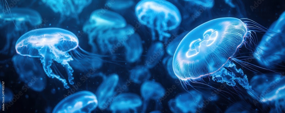 Obraz premium Floating jellyfish with bioluminescent glow, soft light diffusing in the deep ocean, glow, underwater tranquility