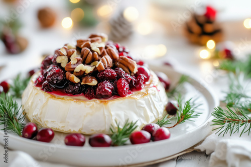 Baked Brie with cranberries and pecans, festive garnish