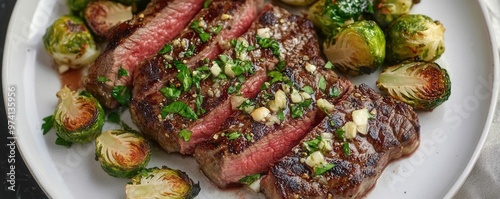 Grilled steak with roasted Brussels sprouts and garlic butter, lowcarb, nutrientdense dinner photo