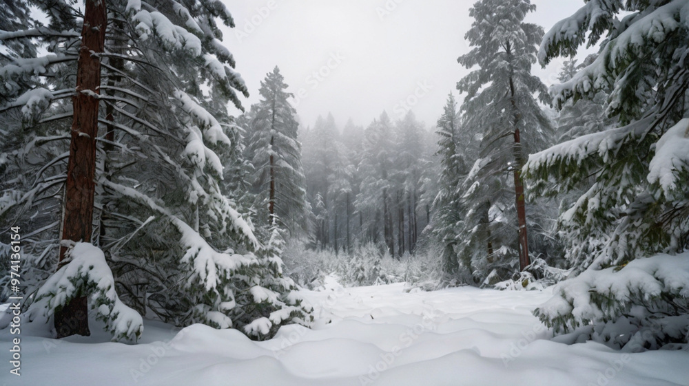 Naklejka premium Winter's blanket over majestic mountains and pine forests, where snow-dusted trees and peaks merge in a tranquil, snowy panorama.