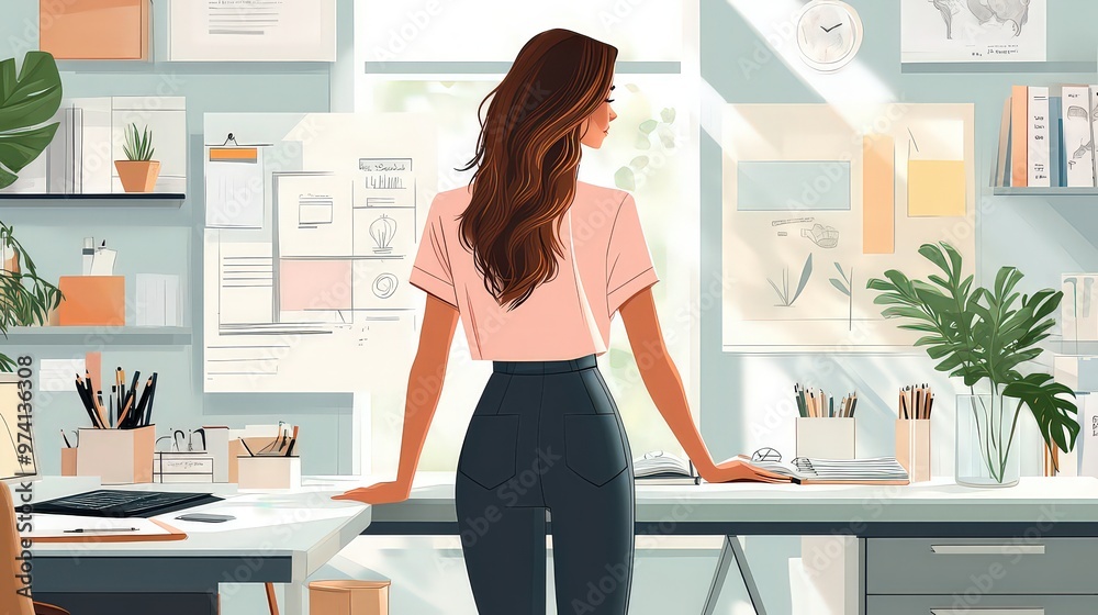 Woman standing in home office, overlooking workspace filled with plants and creative tools. Sunlight floods the room, promoting productivity and peaceful atmosphere. Woman standing in home office, overlooking workspace filled with plants and creative tools. Sunlight floods the room, promoting productivity and peaceful atmosphere.