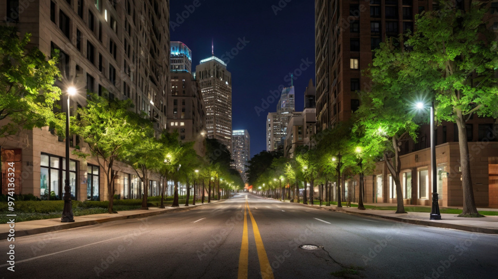 Downtown at night, where green trees and streetlights create a harmonious blend of city energy and peaceful, glowing serenity. Downtown at night, where green trees and streetlights create a harmonious blend of city energy and peaceful, glowing serenity.
