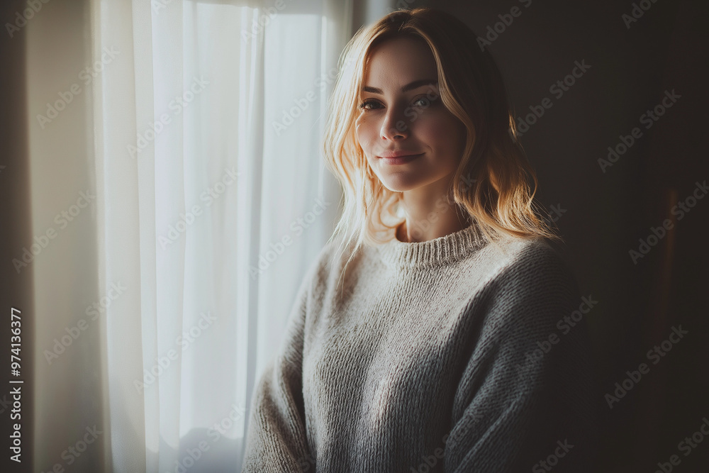 portrait of a woman, young and beautiful woman, standing near window, wearing a long cozy sweater, women’s day portrait of a woman, young and beautiful woman, standing near window, wearing a long cozy sweater, women’s day