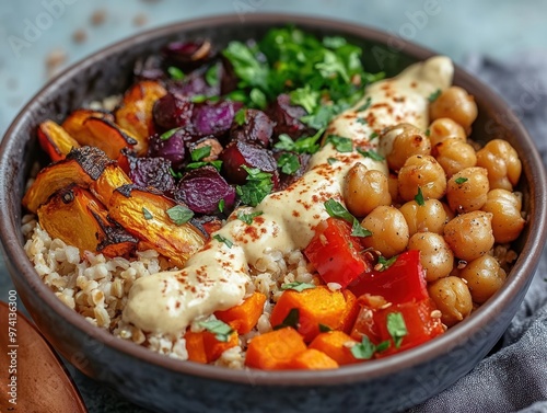 Vibrant Buddha bowl with brown rice, roasted vegetables, chickpeas, and a tahini drizzle, healthy meal, lowcalorie plantbased meal photo