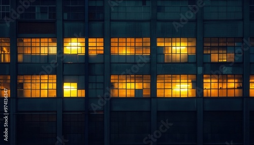 A captivating view of illuminated windows in an industrial building during the night, showcasing urban architecture and design.