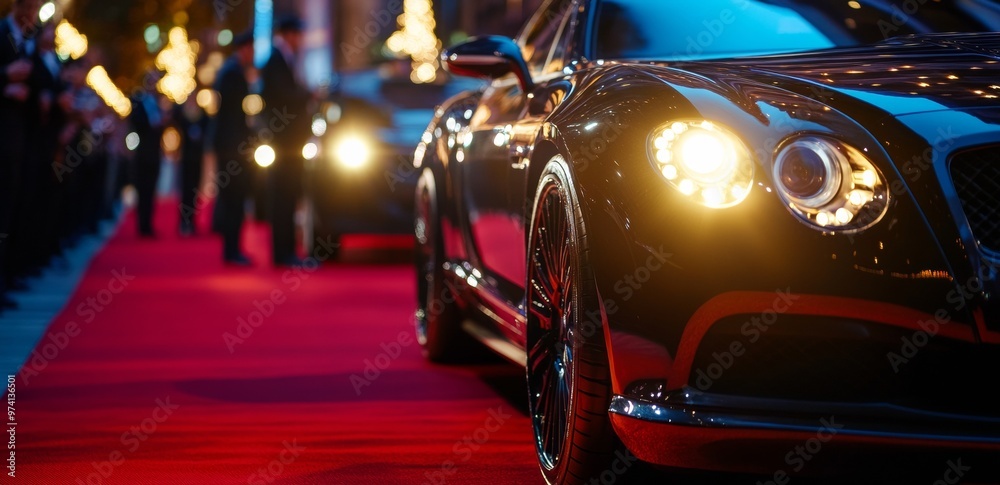 Black luxury cars on a red carpet at a glamorous event, with lights and people in the background Black luxury cars on a red carpet at a glamorous event, with lights and people in the background