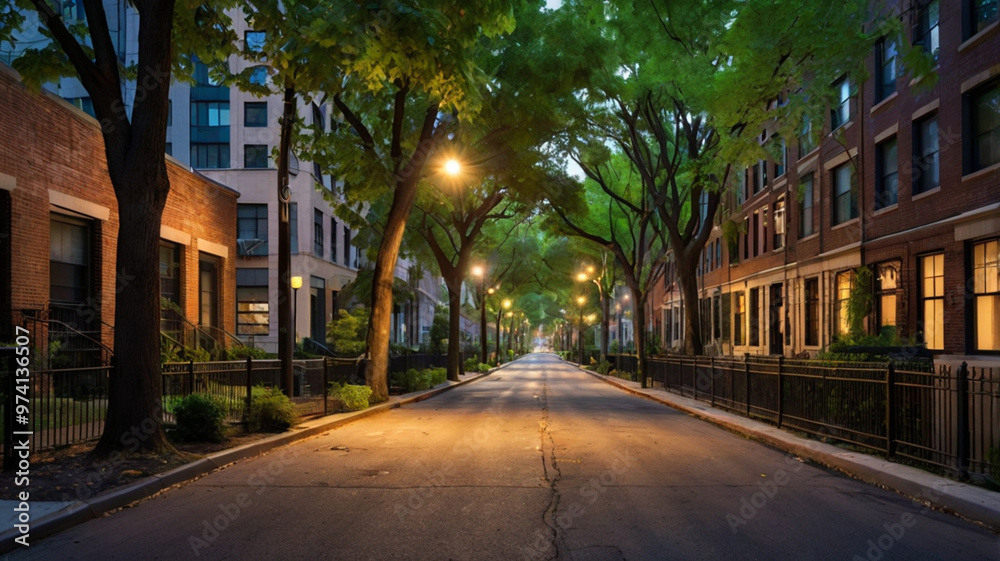 Fototapeta premium City streets at night, enhanced by lush green trees and warm streetlights, blending urban vibrancy with a serene, illuminated ambiance.