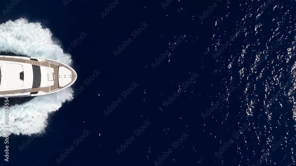 Aerial overhead close up view of a bow of a luxury yacht sailing with high speed over the ocean with copy space Aerial overhead close up view of a bow of a luxury yacht sailing with high speed over the ocean with copy space