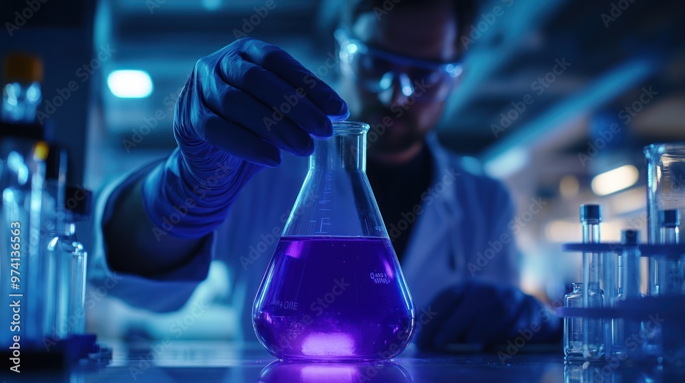 Portrait of a scientist holding a beaker filled with purple liquid in a laboratory. Portrait of a scientist holding a beaker filled with purple liquid in a laboratory.