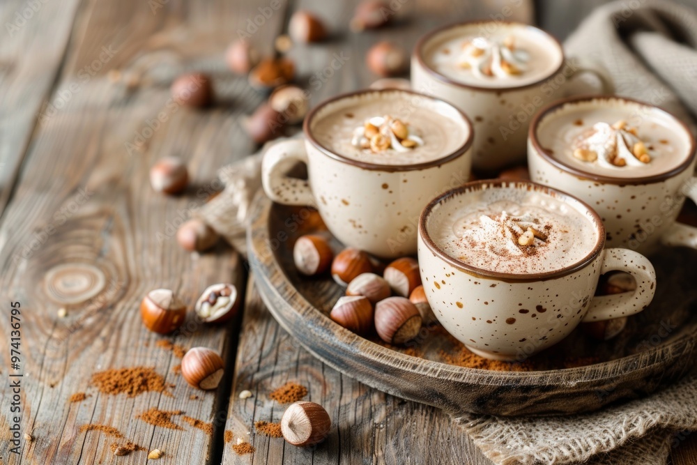 Homemade hazelnut coffee latte or cappuccino, rustic wooden background with hazelnuts,