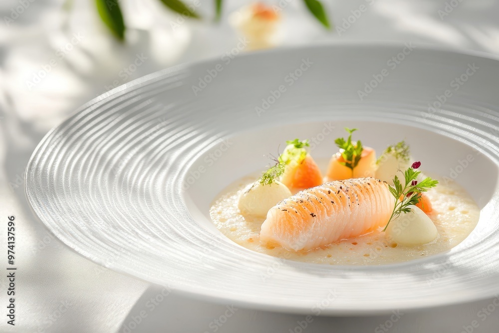 A beautifully plated gourmet dish featuring fish, vegetables, and garnishes. A beautifully plated gourmet dish featuring fish, vegetables, and garnishes.