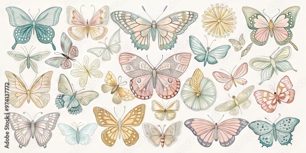 Delicate, intricate illustrations of various butterfly species' outlines in gentle pastel hues, set against a soft Delicate, intricate illustrations of various butterfly species' outlines in gentle pastel hues, set against a soft