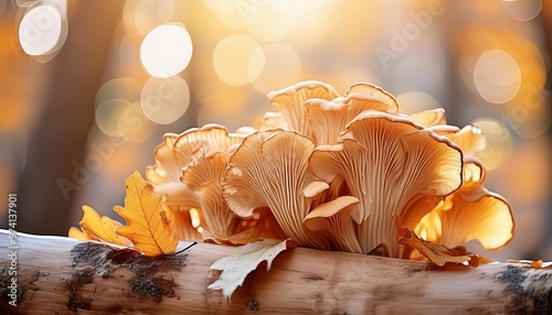 Lobster Mushroom - Chanterelle Yellow Edible Mushroom - Gold, Orange and Brown Leaves falling in a Forest - Oktober and November Wallpaper - Autumn or Fall Background photo