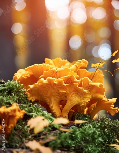 Lobster Mushroom - Chanterelle Yellow Edible Mushroom - Gold, Orange and Brown Leaves falling in a Forest - Oktober and November Wallpaper - Autumn or Fall Background photo