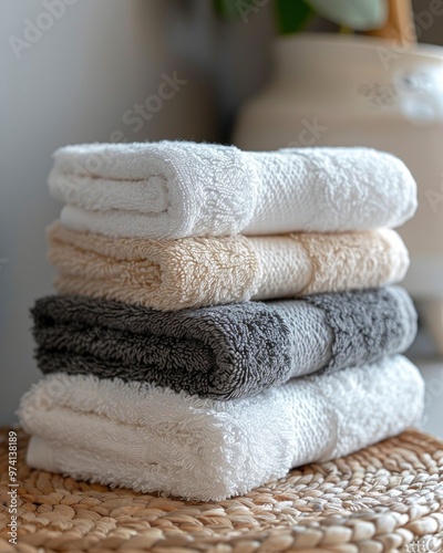 stack of grey and white texture towels on blurred background. copy space. spa and wellness environments, promoting relaxation and hygiene