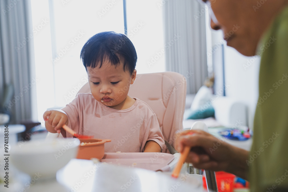 Asian grandmother takes care of her granddaughter at home
Asian grandmother takes care of her granddaughter at home