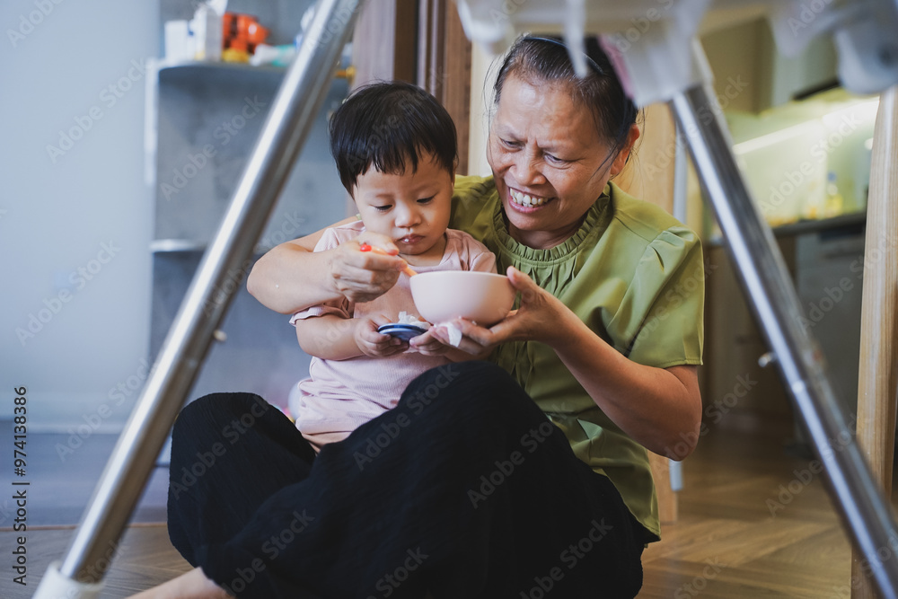 Asian grandmother takes care of her granddaughter at home
Asian grandmother takes care of her granddaughter at home