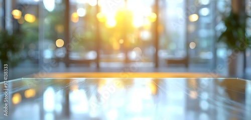 Cool Scandinavian office look, minimalist glass table in morning Oslo backdrop