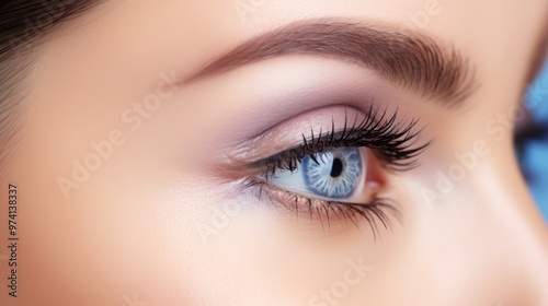 Close up image of a human eye with blue iris on a light background reflecting beauty and detail