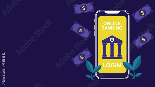 Online banking concept vector banner design illustration with smart phone, dollar sign coin, financial facility and bank notes icons on a blue horizontal background