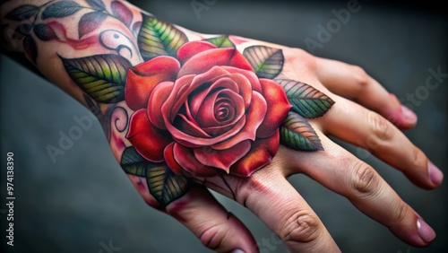 Delicate, intricately detailed rose tattoo wraps around a slender hand, showcasing vibrant petals and subtle shading, photo