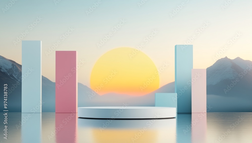 Naklejka premium geometric shapes and water reflections. The scene includes a circular platform in the center