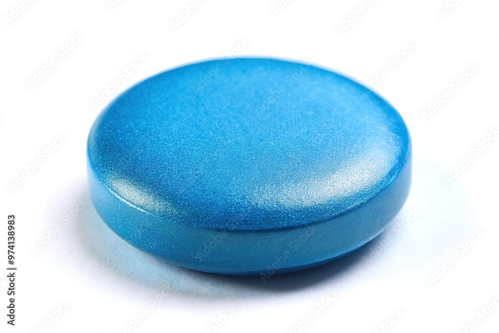 A close-up shot of a small, round, blue tablet with a subtle sheen, isolated on a white background, highlighting its distinctive shape and color. A close-up shot of a small, round, blue tablet with a subtle sheen, isolated on a white background, highlighting its distinctive shape and color.