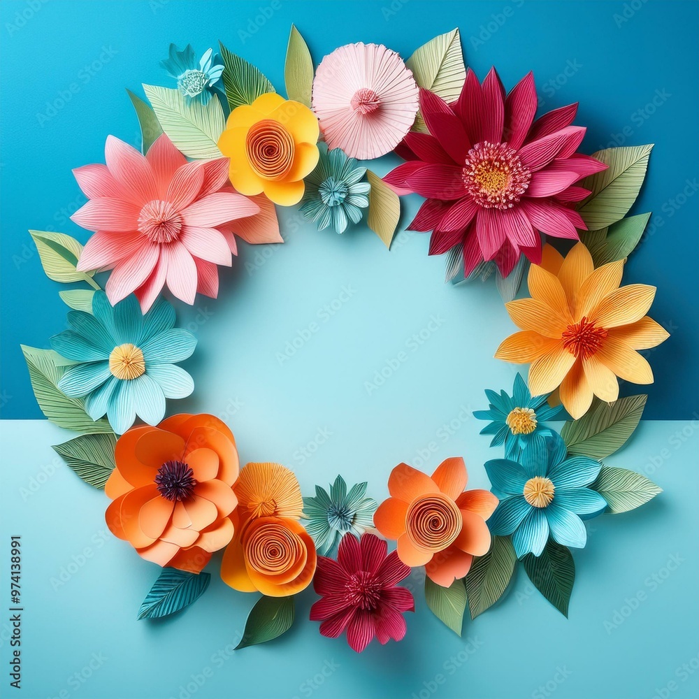 A beautiful arrangement of colorful paper flowers set against a light blue background, offering ample copyspace in the middle