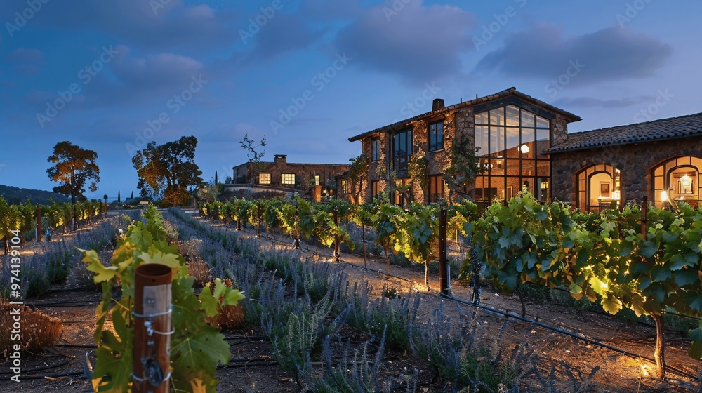 Vineyard Estate Twilight Stone House Rows of Vines Evening Landscape Vineyard Estate Twilight Stone House Rows of Vines Evening Landscape