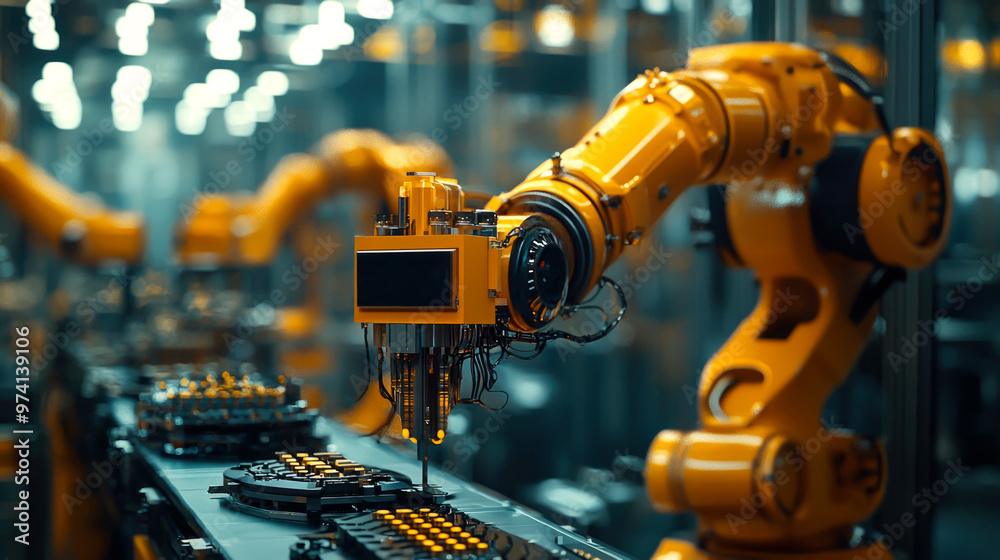 A close-up of a robotic arm in a factory setting, featuring a bright orange design, precision tools, and intricate machinery, highlighting advanced automation technology. A close-up of a robotic arm in a factory setting, featuring a bright orange design, precision tools, and intricate machinery, highlighting advanced automation technology.