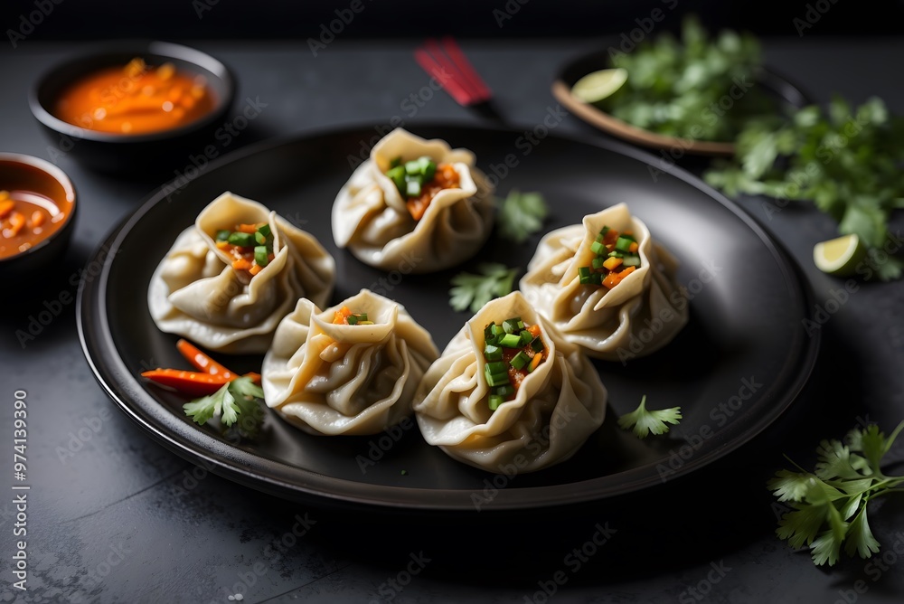 Delicious gyoza dumplings on black plates with soy sauce and chili oil. selective focus
Delicious gyoza dumplings on black plates with soy sauce and chili oil. selective focus