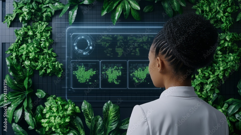 A woman examines a digital interface surrounded by lush greenery, representing innovation and sustainability in technology.